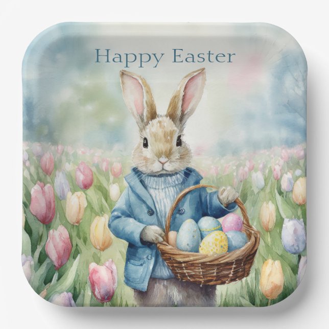 Easter Bunny in a meadow of Tulips Paper Plates (Front)