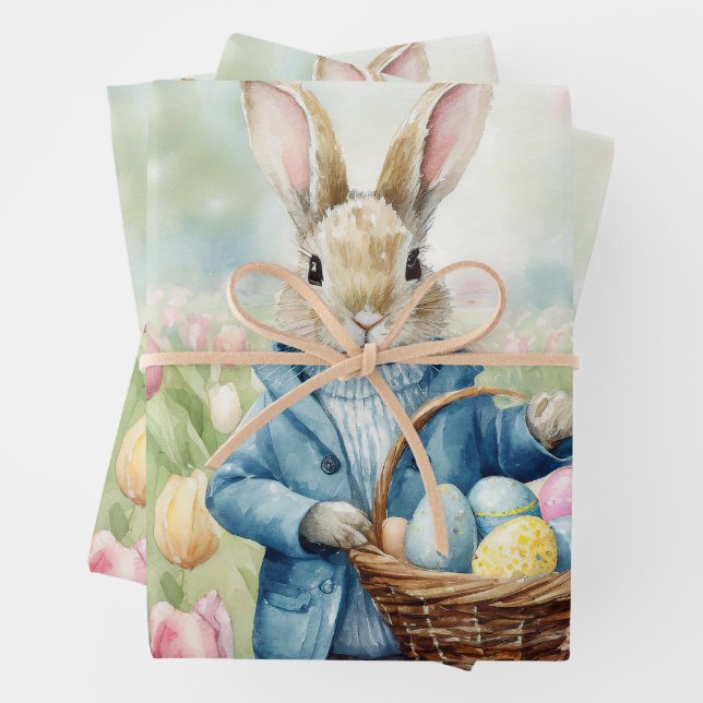 Easter Bunny in a meadow of Tulips Wrapping Paper Sheets (In situ)