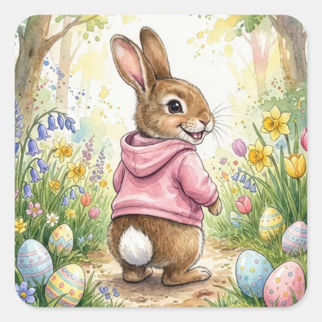 Easter Bunny in a Spring Garden Square Sticker (Front)