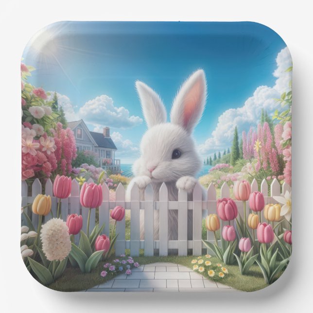 Easter Bunny In a Tulip Garden Paper Plates (Front)