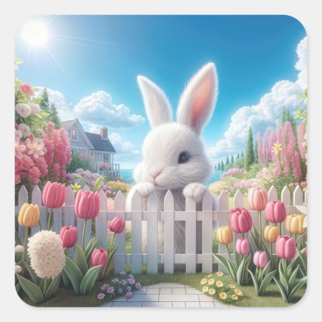 Easter Bunny In a Tulip Garden Square Sticker (Front)