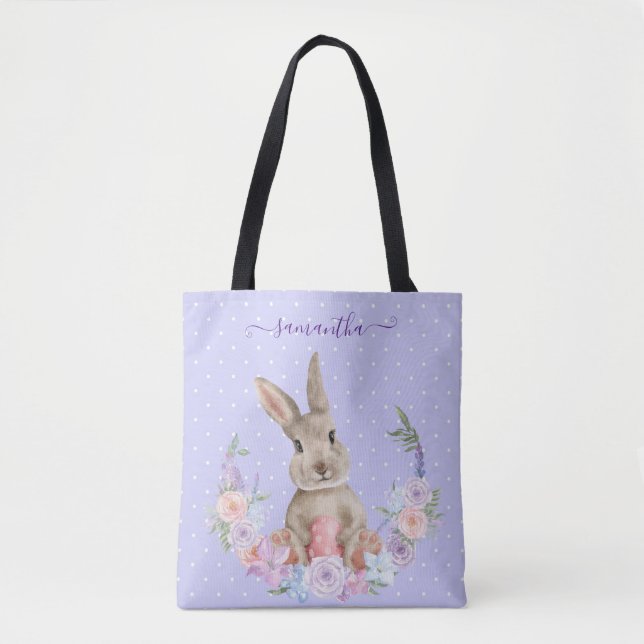 Easter Bunny in Flower Garden with Easter Egg Tote Bag (Front)