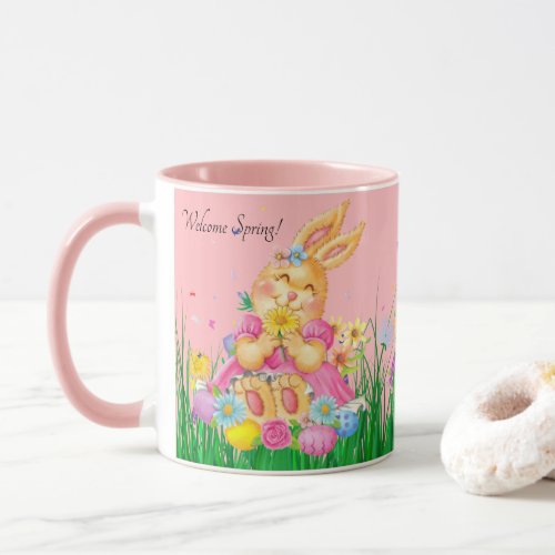 Easter Bunny in Pink Spring Time Flowers Gift Mug