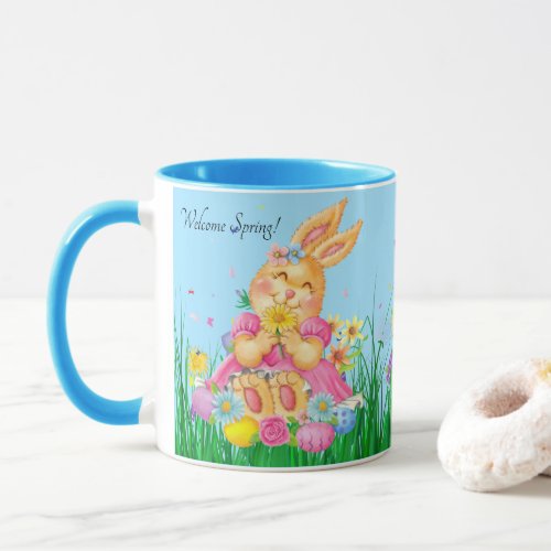 Easter Bunny in Pink Spring Time Flowers Gift Mug