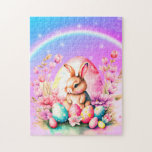 Easter Bunny  Jigsaw Puzzle<br><div class="desc">Beautiful Bunny with a rainbow and colored eggs and flowers</div>