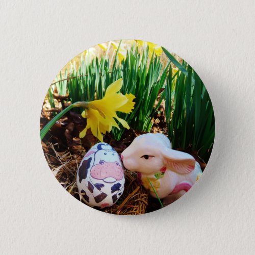 Easter Bunny kissing Cow Egg Button