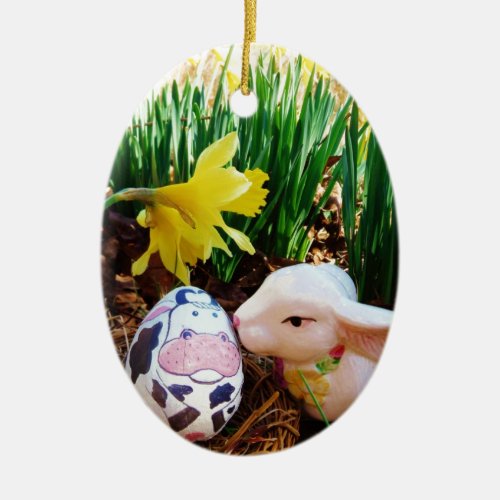 Easter Bunny kissing Cow Egg Ceramic Ornament