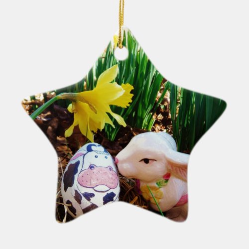 Easter Bunny kissing Cow Egg Ceramic Ornament