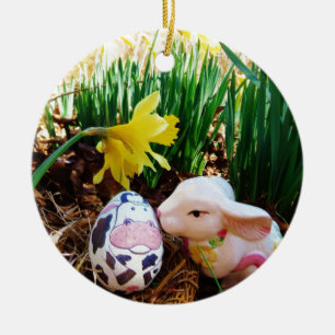 Easter Bunny kissing Cow Egg Ceramic Ornament