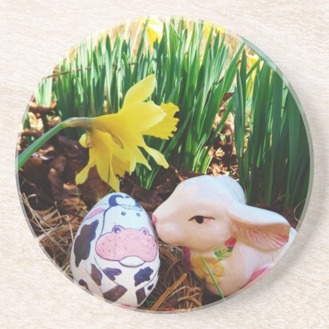 Easter Bunny kissing Cow Egg Drink Coaster (Front)