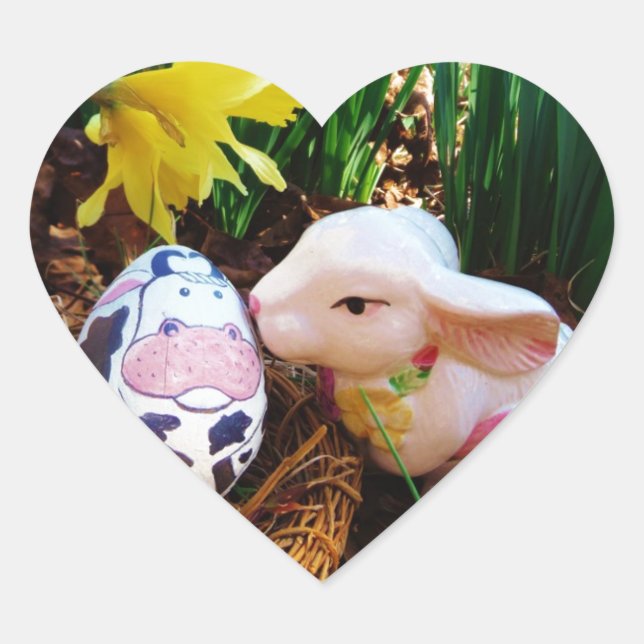 Easter Bunny kissing Cow Egg Heart Sticker (Front)