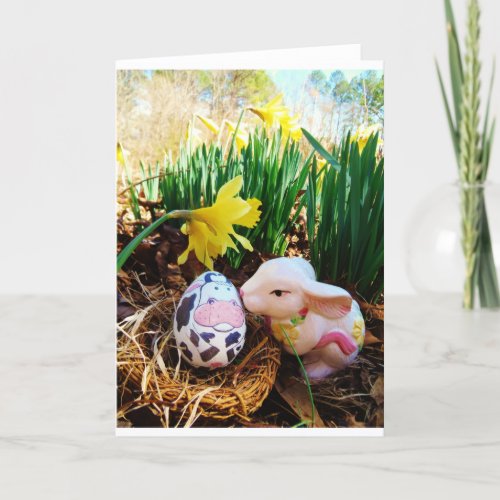 Easter Bunny kissing Cow Egg Holiday Card