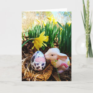Easter Bunny kissing Cow Egg Holiday Card