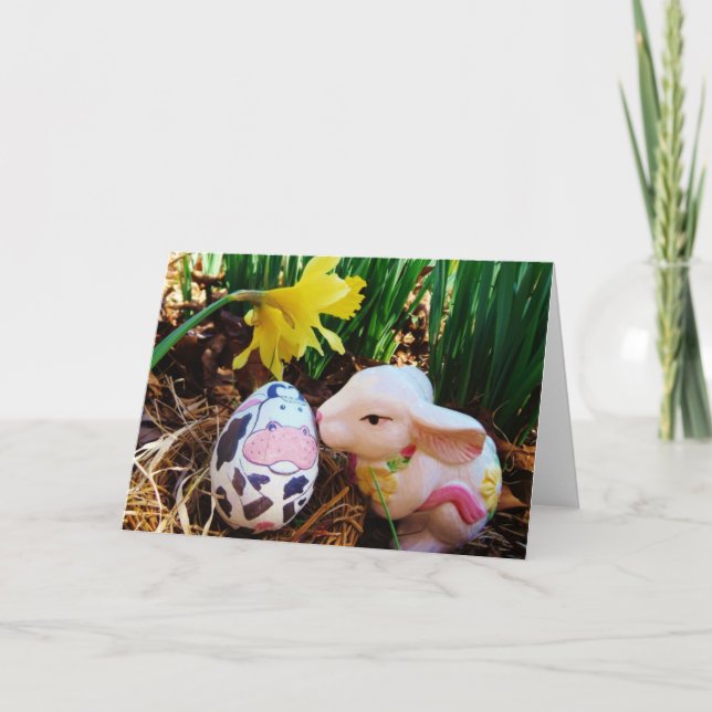 Easter Bunny kissing Cow Egg Holiday Card (Front)