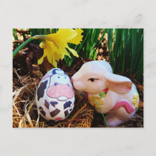 Easter Bunny kissing Cow Egg Holiday Postcard