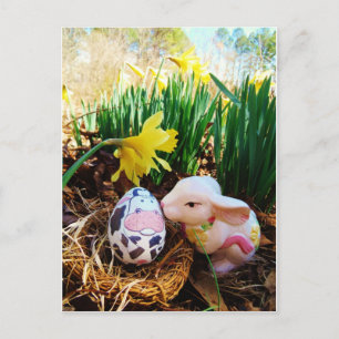 Easter Bunny kissing Cow Egg Holiday Postcard