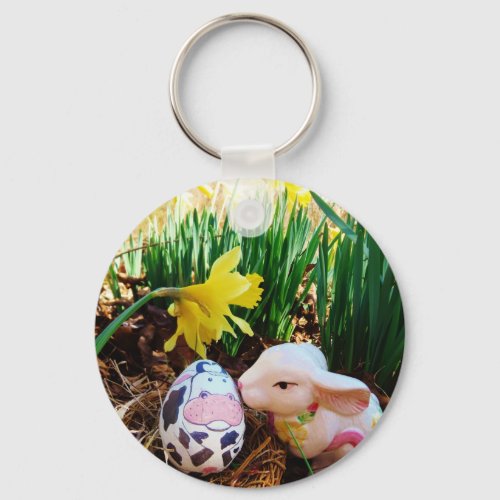 Easter Bunny kissing Cow Egg Keychain