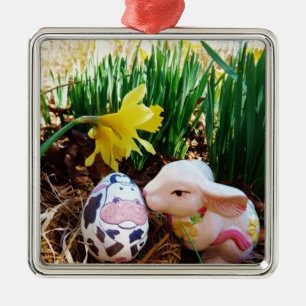 Easter Bunny kissing Cow Egg Metal Ornament