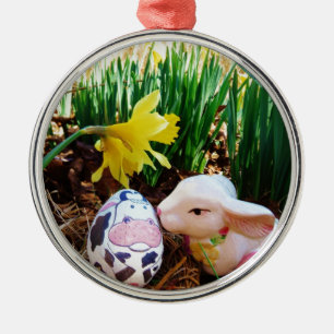 Easter Bunny kissing Cow Egg Metal Ornament