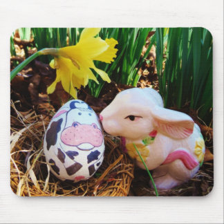 Easter Bunny kissing Cow Egg Mouse Pad