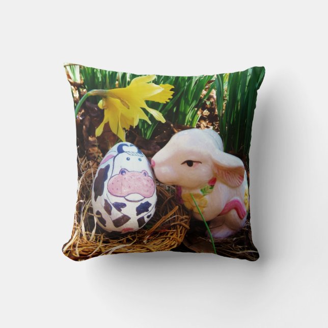 Easter Bunny kissing Cow Egg Paper  Throw Pillow (Front)