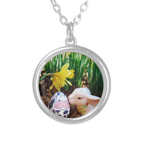 Easter Bunny kissing Cow Egg Silver Plated Necklace