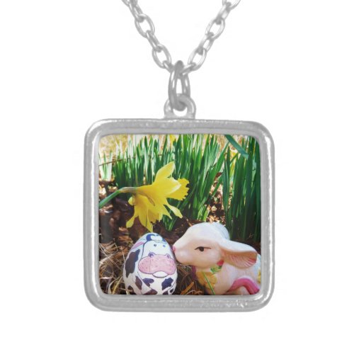 Easter Bunny kissing Cow Egg Silver Plated Necklace