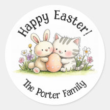 Easter Bunny & Kitten Personalized Round Sticker