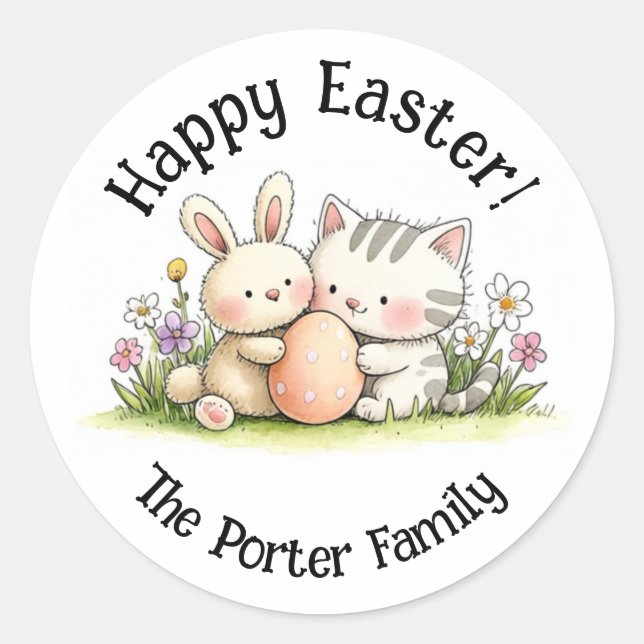 Easter Bunny & Kitten Personalized Round Sticker (Front)