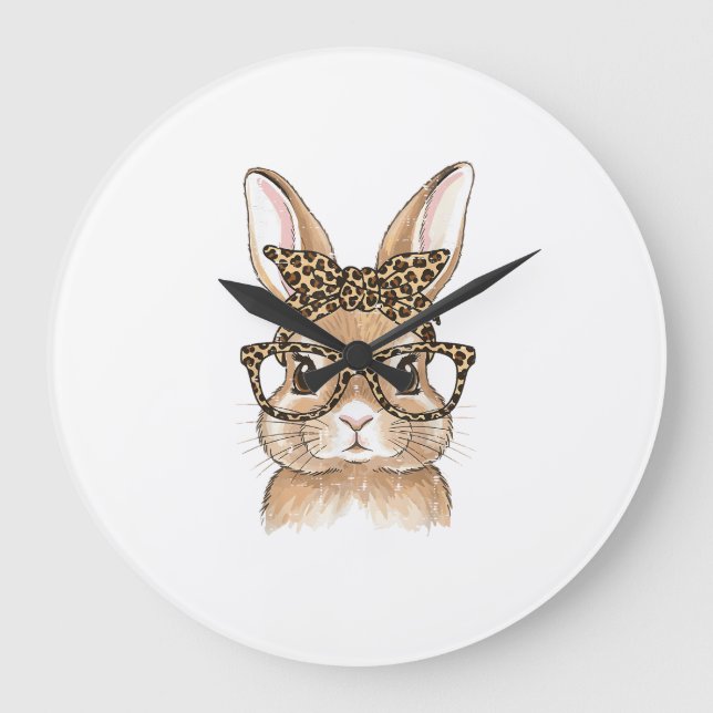Easter Bunny Leopard Glasses Bandana Rabbit Women  Large Clock (Front)