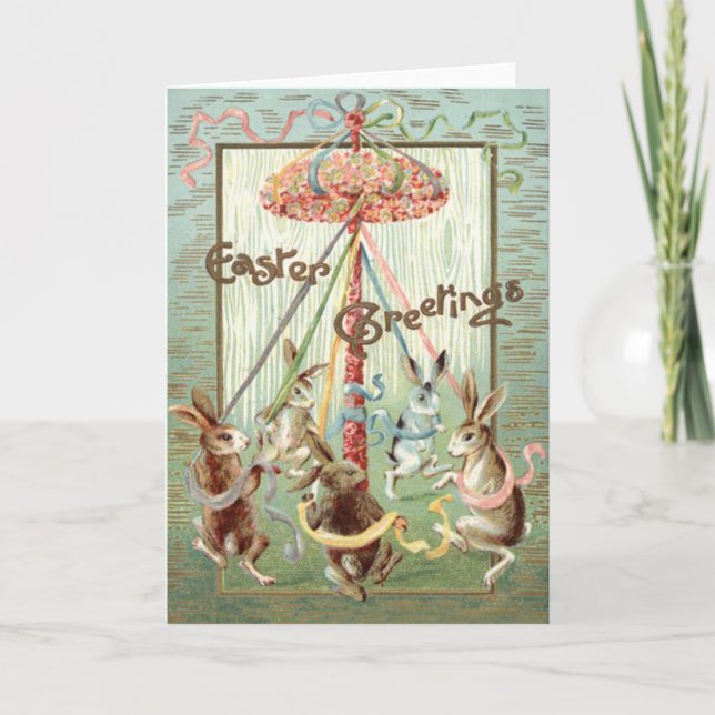 Easter Bunny Maypole Dance Ribbon Holiday Card (Front)