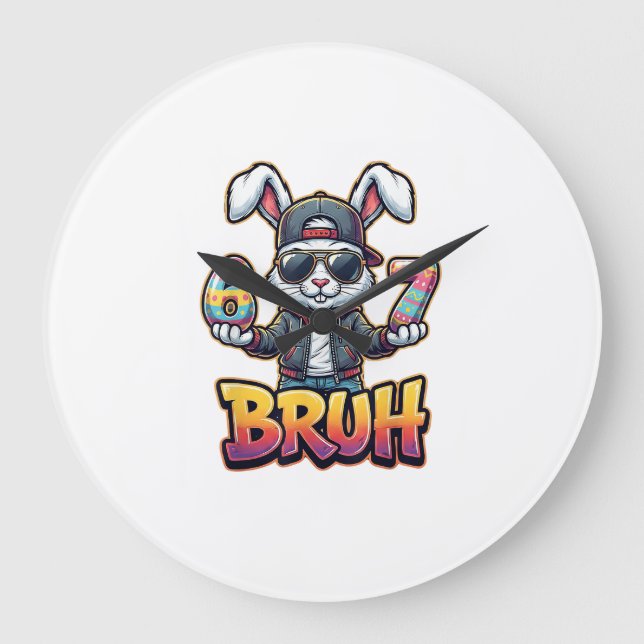Easter Bunny Meme Bruh  Funny 6 7 Easter Eggs Desi Large Clock (Front)