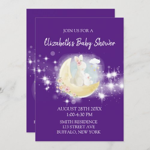 Easter Bunny Moon Stars Purple Girl Baby Shower Invitation