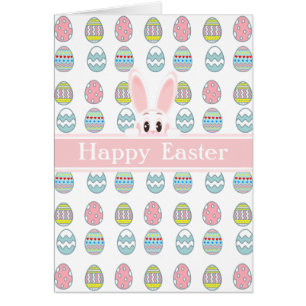 Easter Bunny & Multicolor Decorated Eggs on White Cards