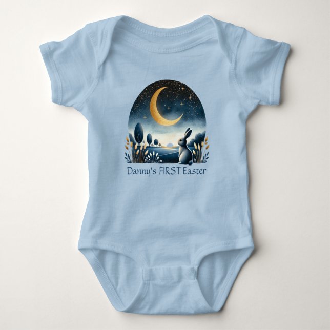 Easter Bunny Nightsky Moon Blue Baby Bodysuit (Front)