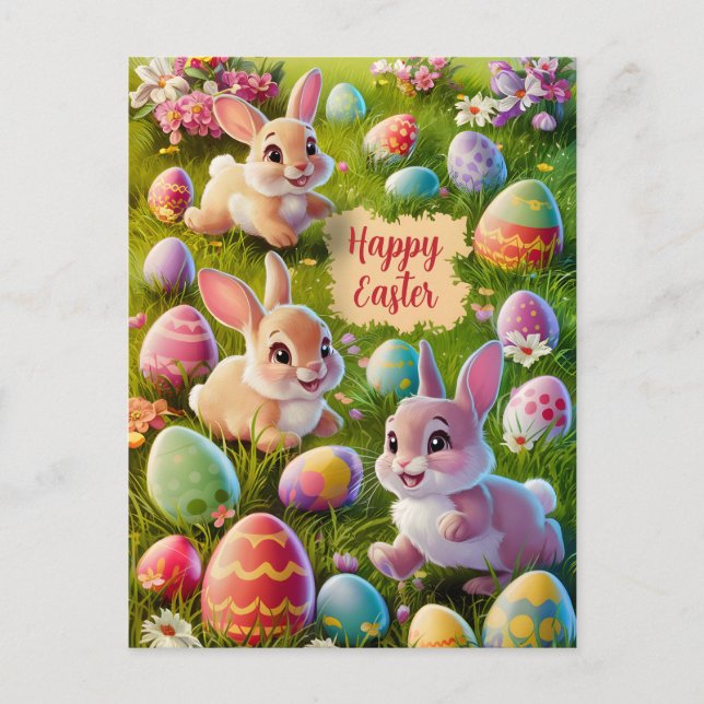 Easter Bunny On Egg Hunt Holiday Postcard (Front)