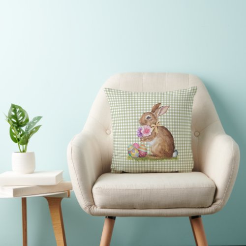 Easter Bunny On Gingham Throw Pillow