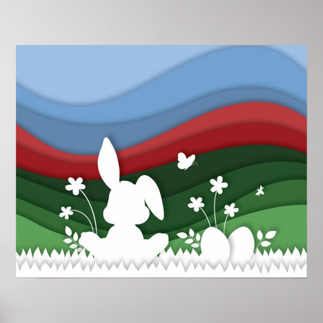 Easter bunny on meadow green red spring nature poster (Front)