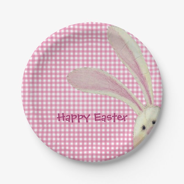 Easter Bunny on Pink Gingham Paper Plates (Front)