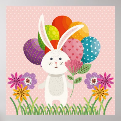 Easter Bunny on Pink Polka Dot Background Poster
