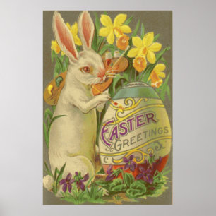 Easter Bunny Painting Egg Daffodil Crocus Poster