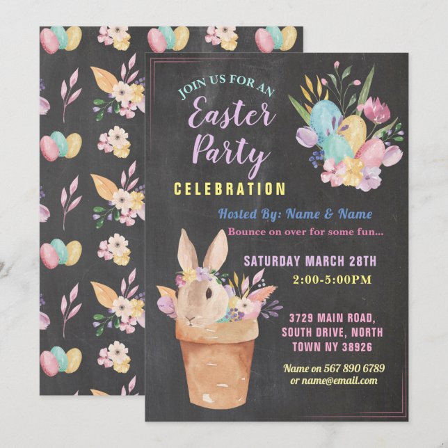 Easter Bunny Party Egg Hunt Pink Chalk Basket Invitation (Front/Back)