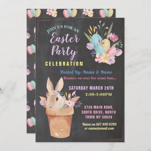 Easter Bunny Party Egg Hunt Pink Chalk Basket Invitation