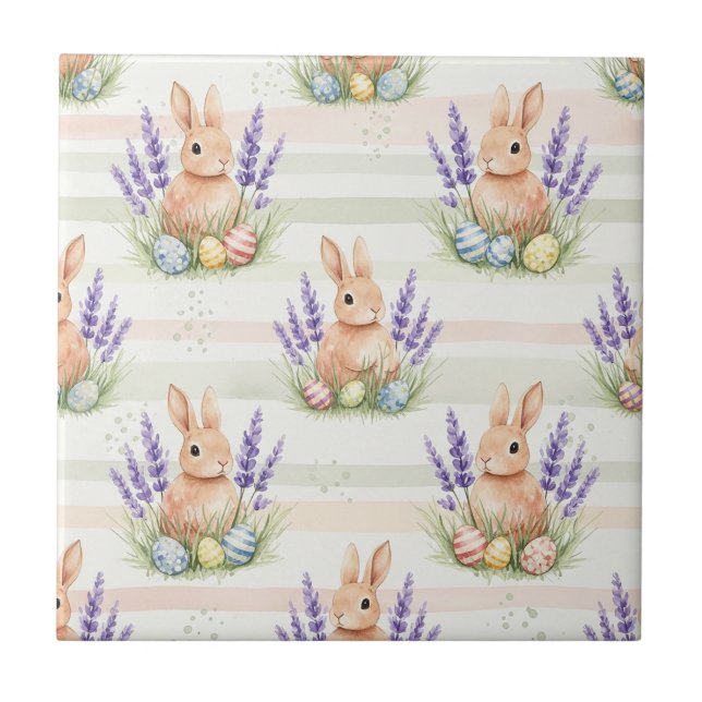 Easter Bunny Pastel Egg Stripe Pattern Ceramic Tile (Front)