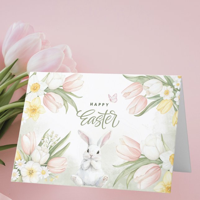 Easter Bunny Pastel Tulips Daffodils Happy Easter Holiday Card (Creator Uploaded)
