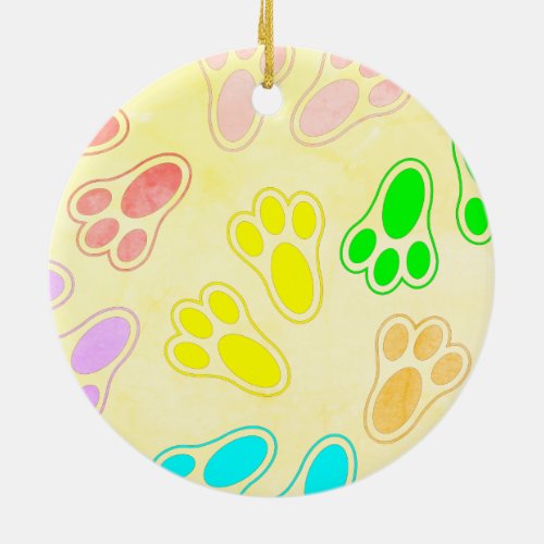Easter Bunny Paw Print Pattern Vintage Style Ceramic Ornament
