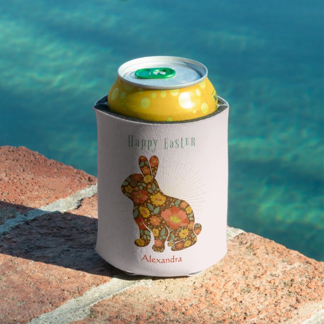 Easter Bunny Personalized Gold Pink Floral Can Cooler (In Situ Pool)