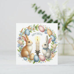 Easter Bunny Pink Blue Candle Illustration Holiday Card