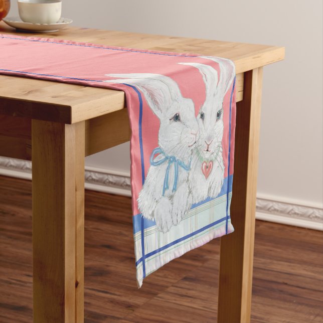 Easter Bunny Pink Blue Vintage Retro Plaid Cute Short Table Runner (In Situ)