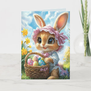 Easter Bunny Pink Bonnet Basket Eggs Card